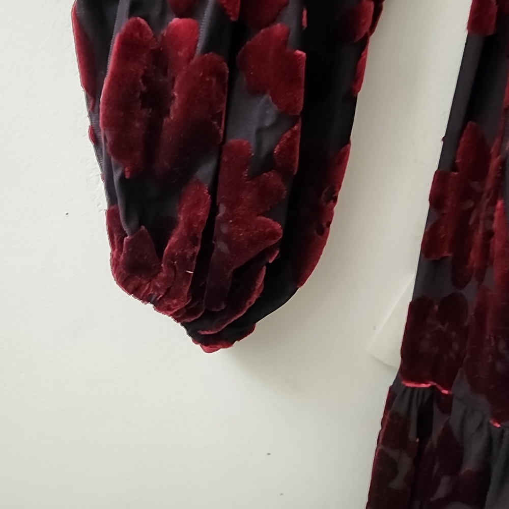 Taylor Black & Red Velvet Burnout Tiered Dress 16 Whimsigoth Witchy Dark Fairy - Picture 4 of 12